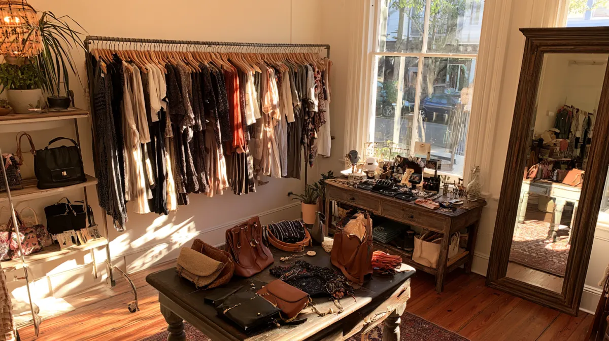 The small boutique with dress racks, purses and a tall mirror