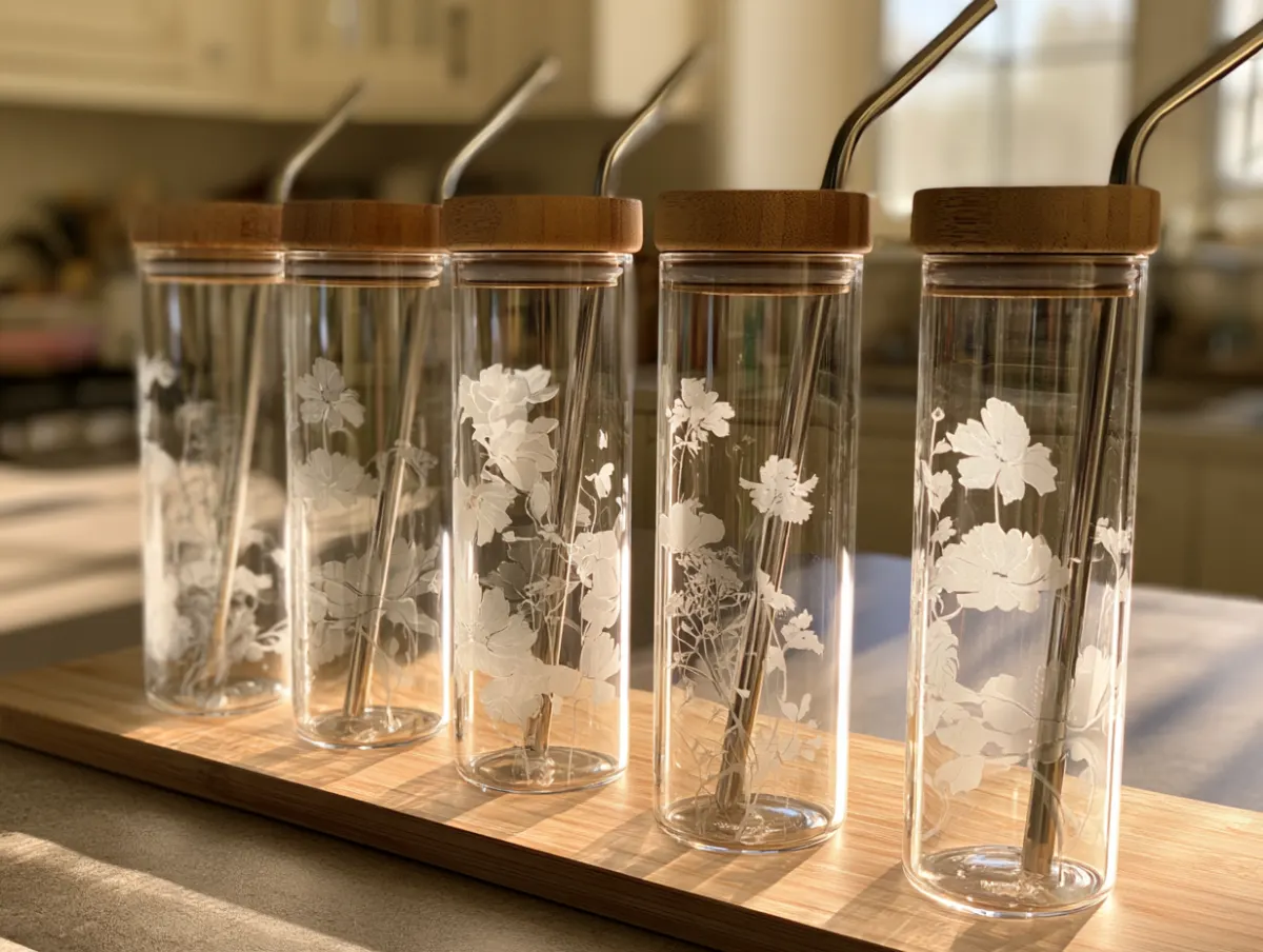 Glass tumblers with frosted floral designs and bamboo lids