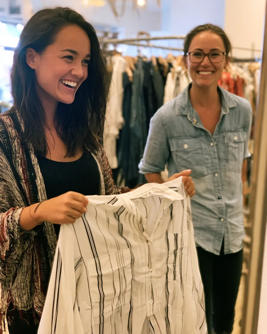 A customer holding up a striped blouse in the boutique with the owner beside her