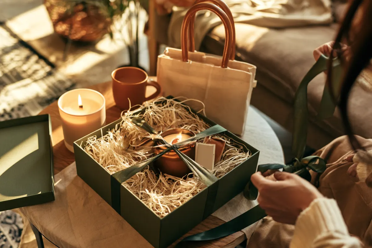 A gift box with a candle, mug and tote being tied with ribbon