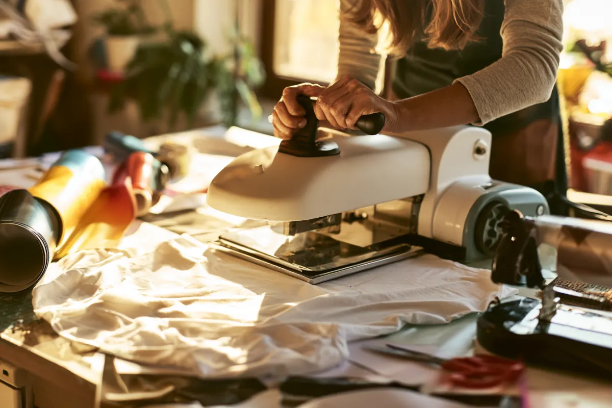 Pressing a design onto a white t shirt with a heat press