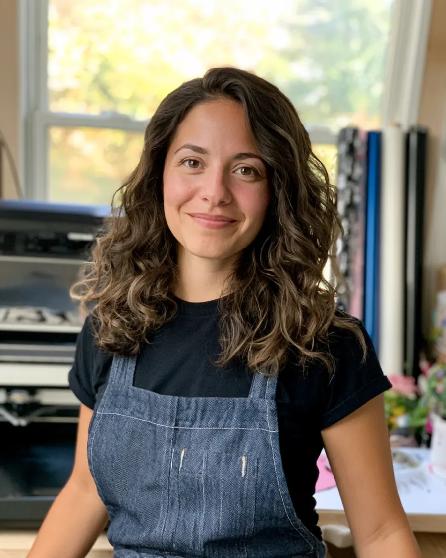 Sofía, the owner, in her studio in a denim apron