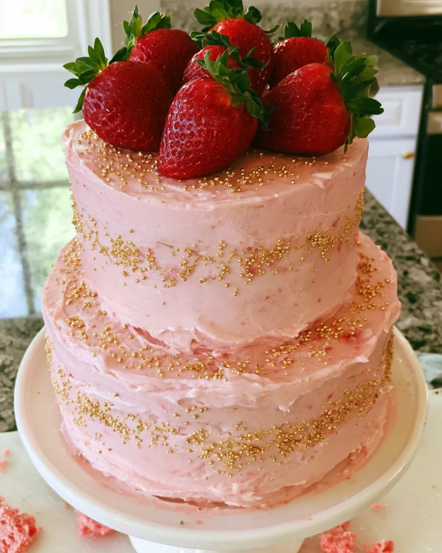 A two tier pink buttercream cake with gold sprinkles and fresh strawberries