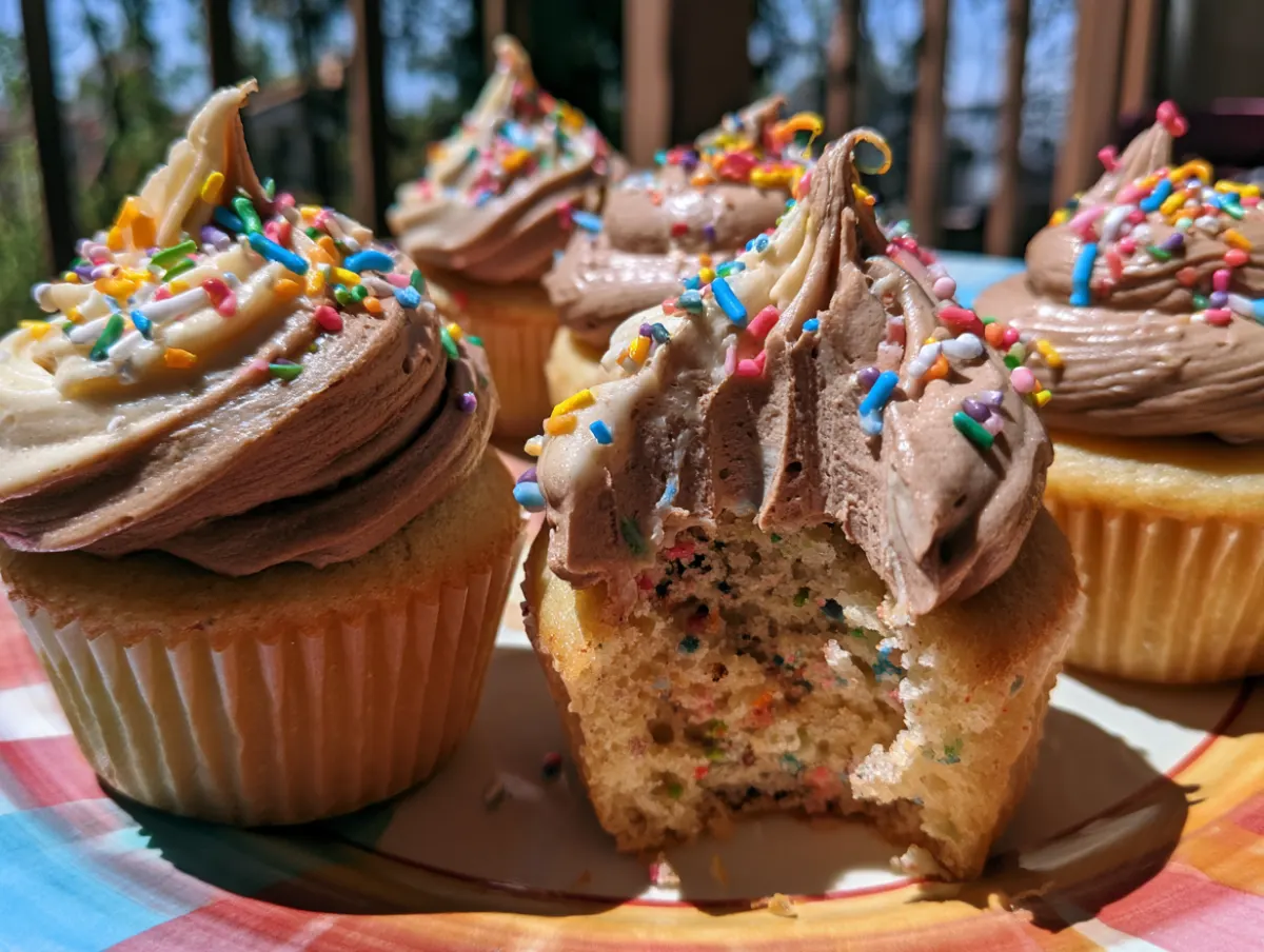 Chocolate frosted cupcakes with rainbow sprinkles