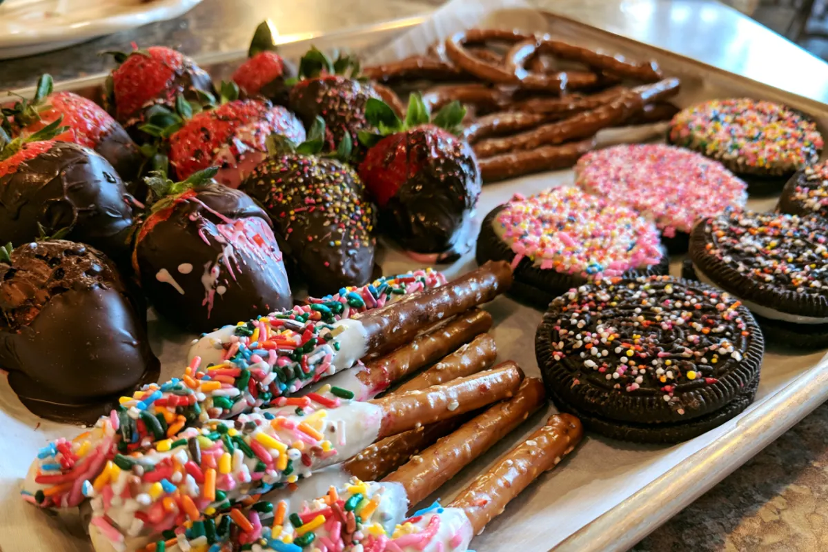 Chocolate dipped strawberries, pretzels and cookies with sprinkles