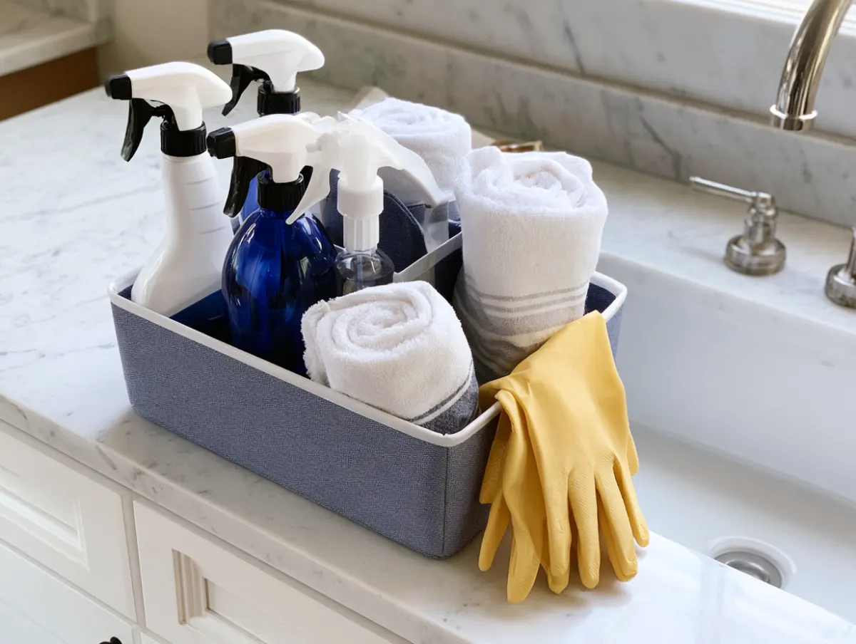 A cleaning caddy of spray bottles and rolled towels on a bathroom counter