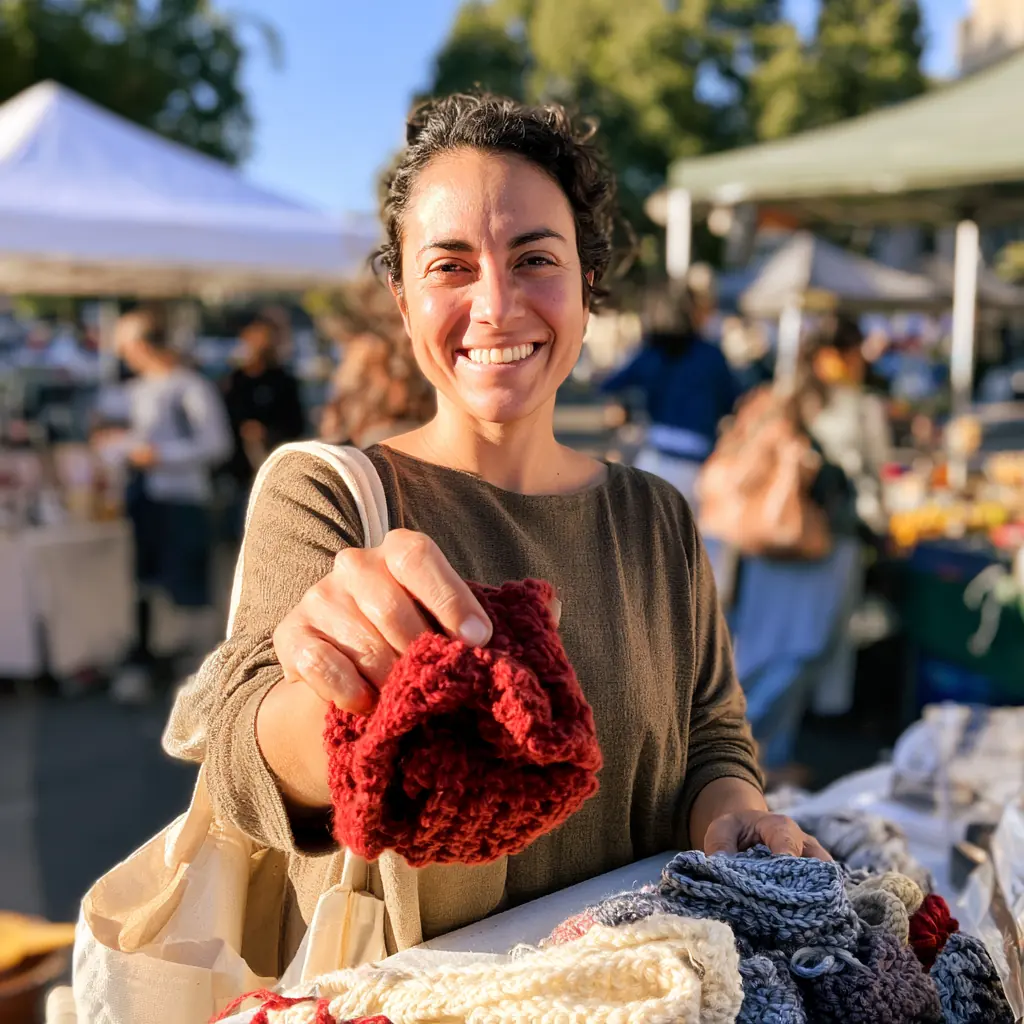 Rosa holding up a red crocheted hat at her market table