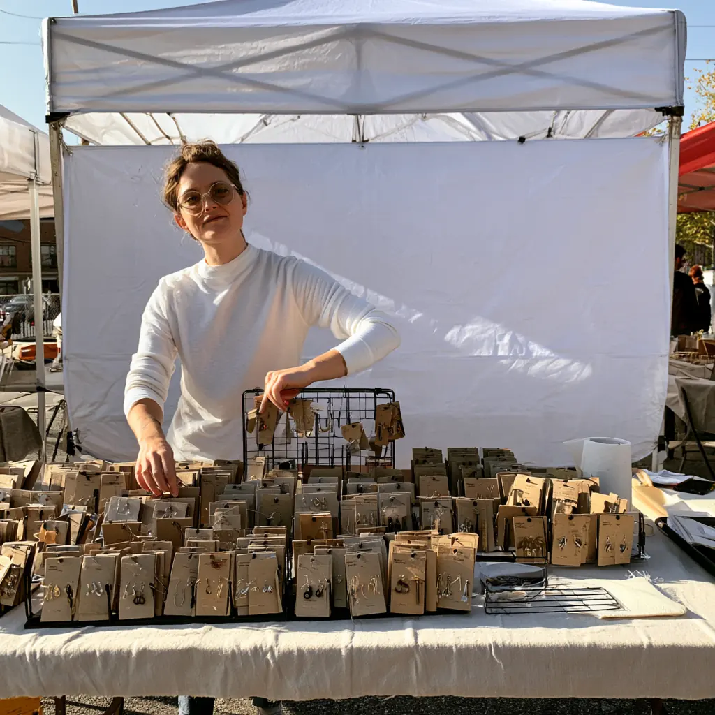 Hannah setting out earring cards at her market table