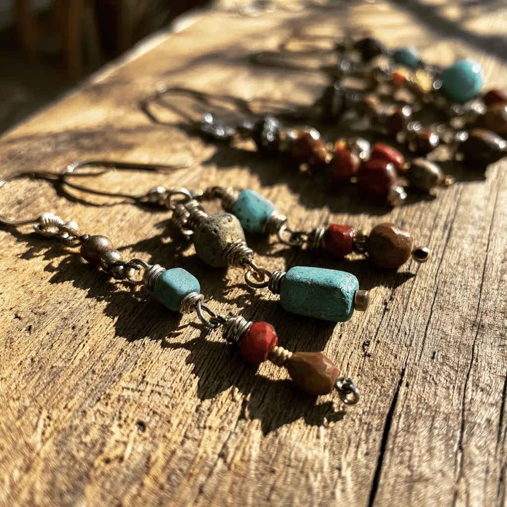 Turquoise and red jasper drop earrings on a wooden table