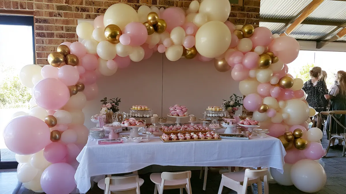 A pink, cream and gold arch over a table in a brick venue