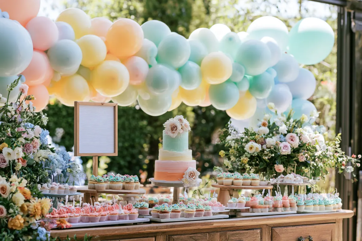 A pastel balloon garland over a dessert table at a baby shower