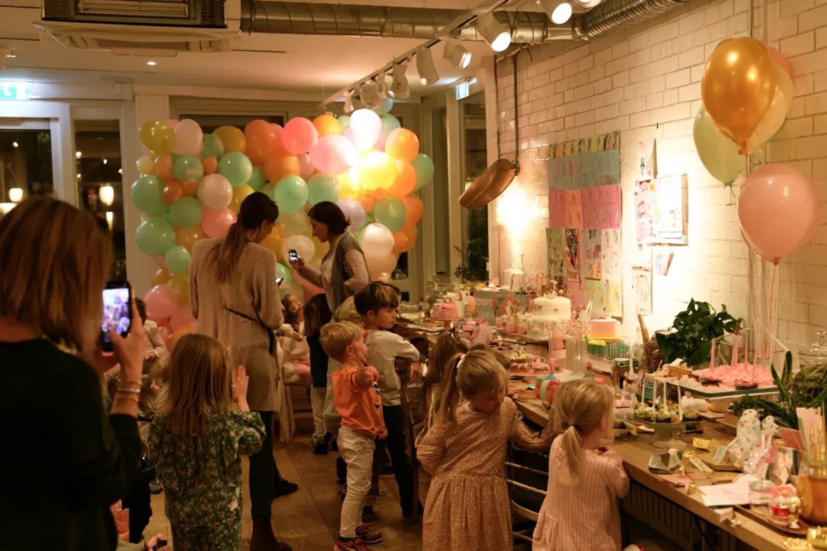 Guests taking phone pictures at a balloon backdrop