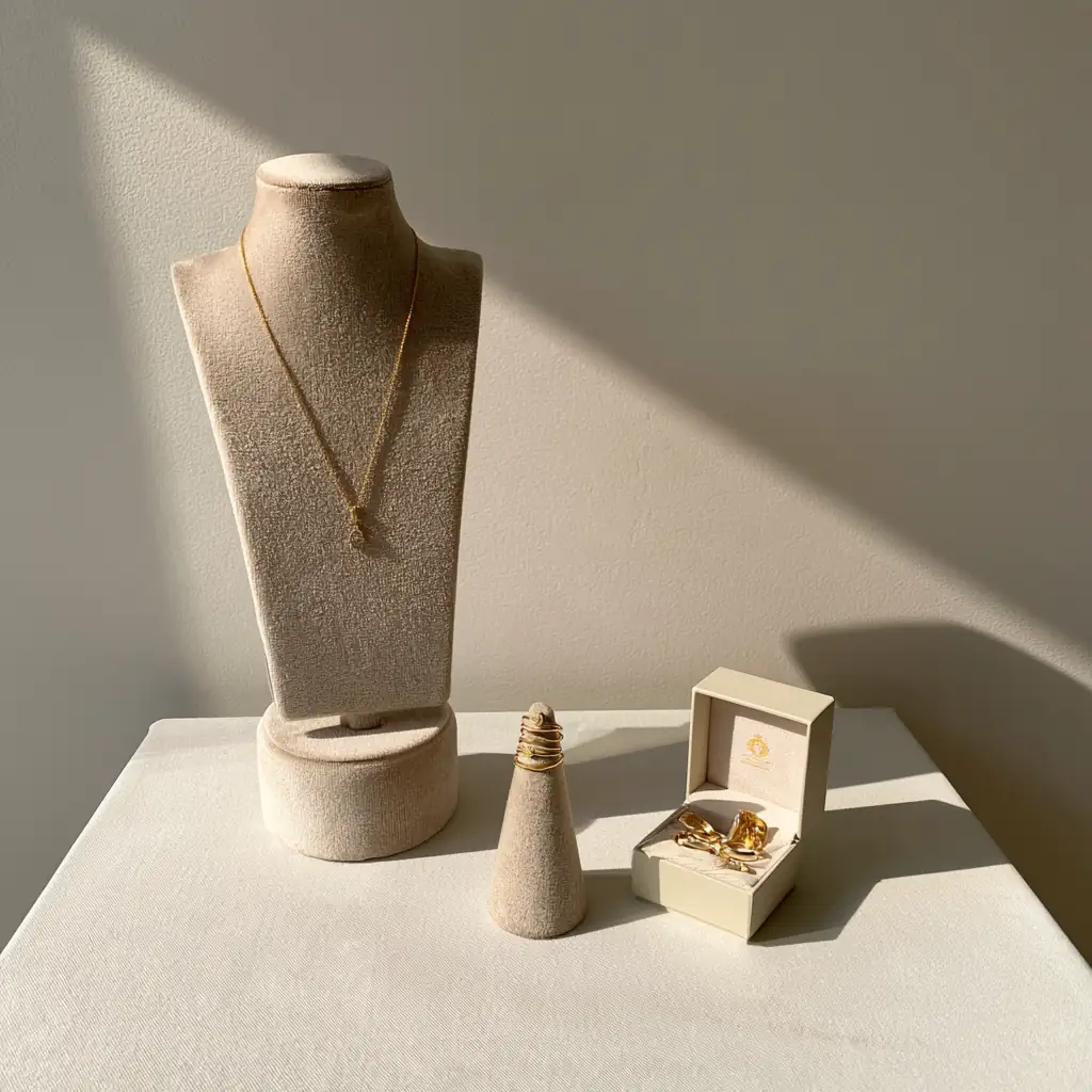 A fine gold pendant on a linen neck bust beside a ring box