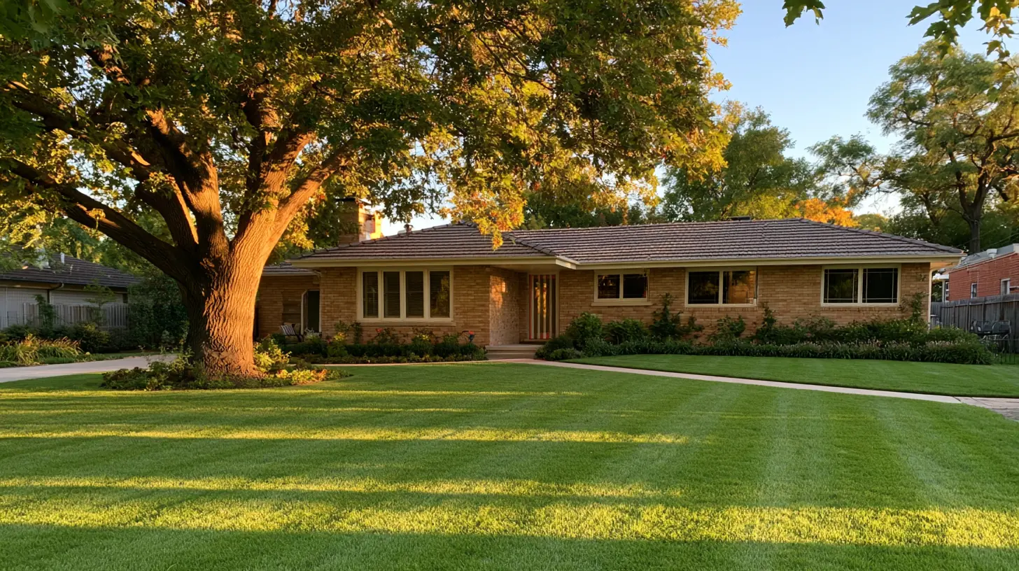 A striped front lawn in front of a brick bungalow at the end of the day