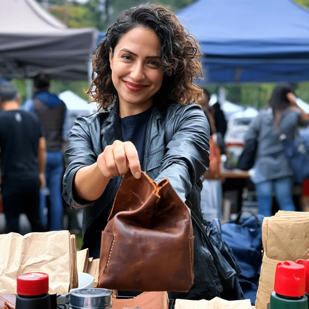 Marisol holding up a brown leather pouch