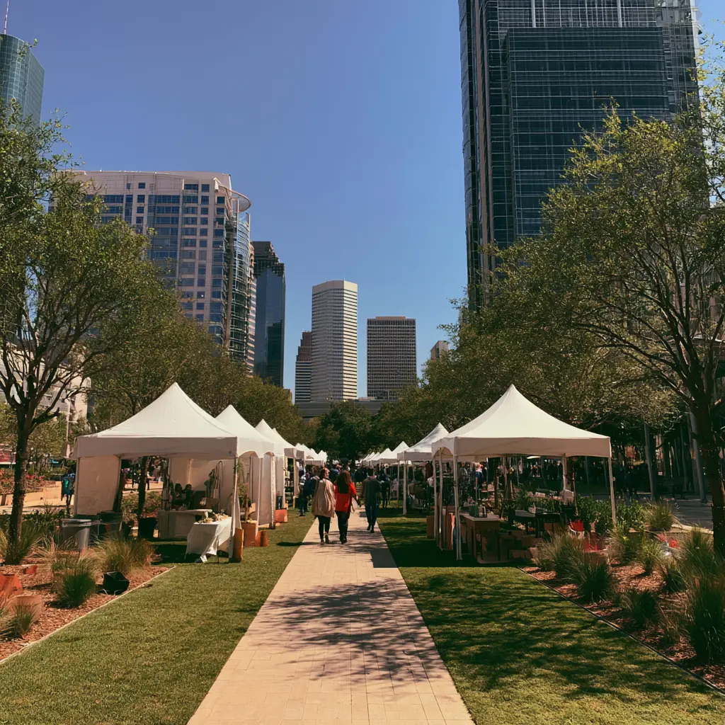 Market tents at Discovery Green below the downtown towers
