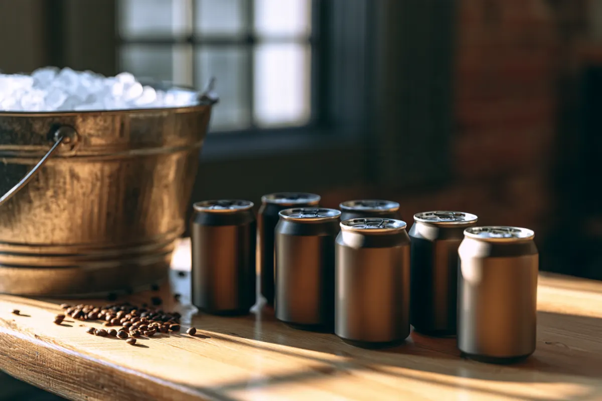 Six canned lattes on a wooden table next to a bucket of ice