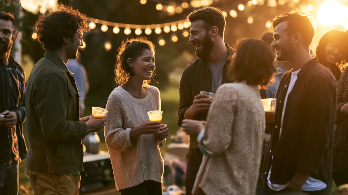 Guests holding iced coffees under string lights