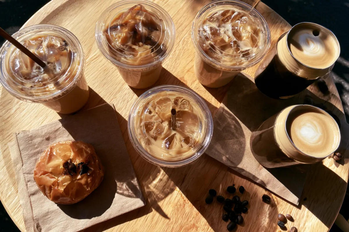 Iced coffees and canned lattes on a table from above