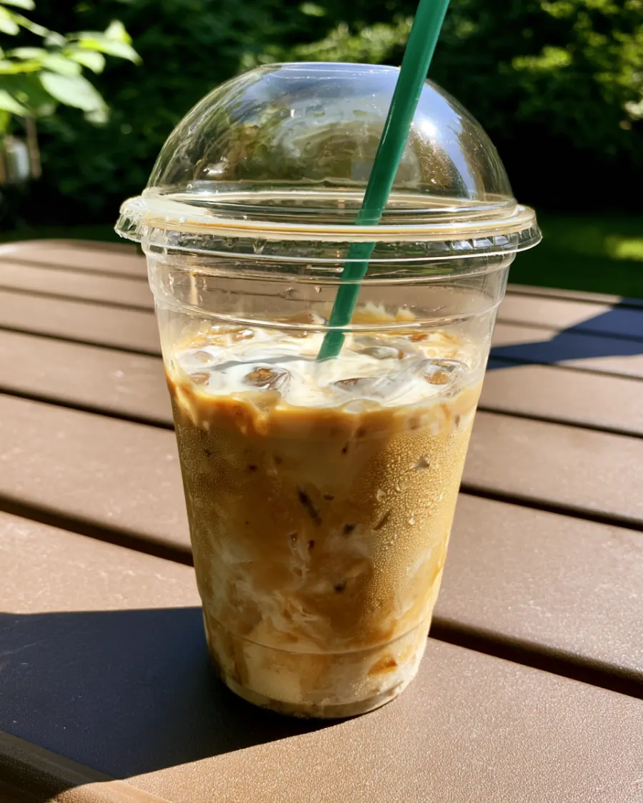 An iced caramel latte in a clear cup with a green straw