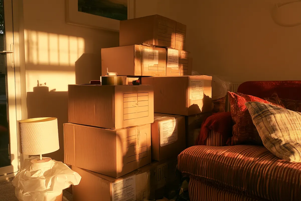 Stacks of packed cardboard boxes in a living room