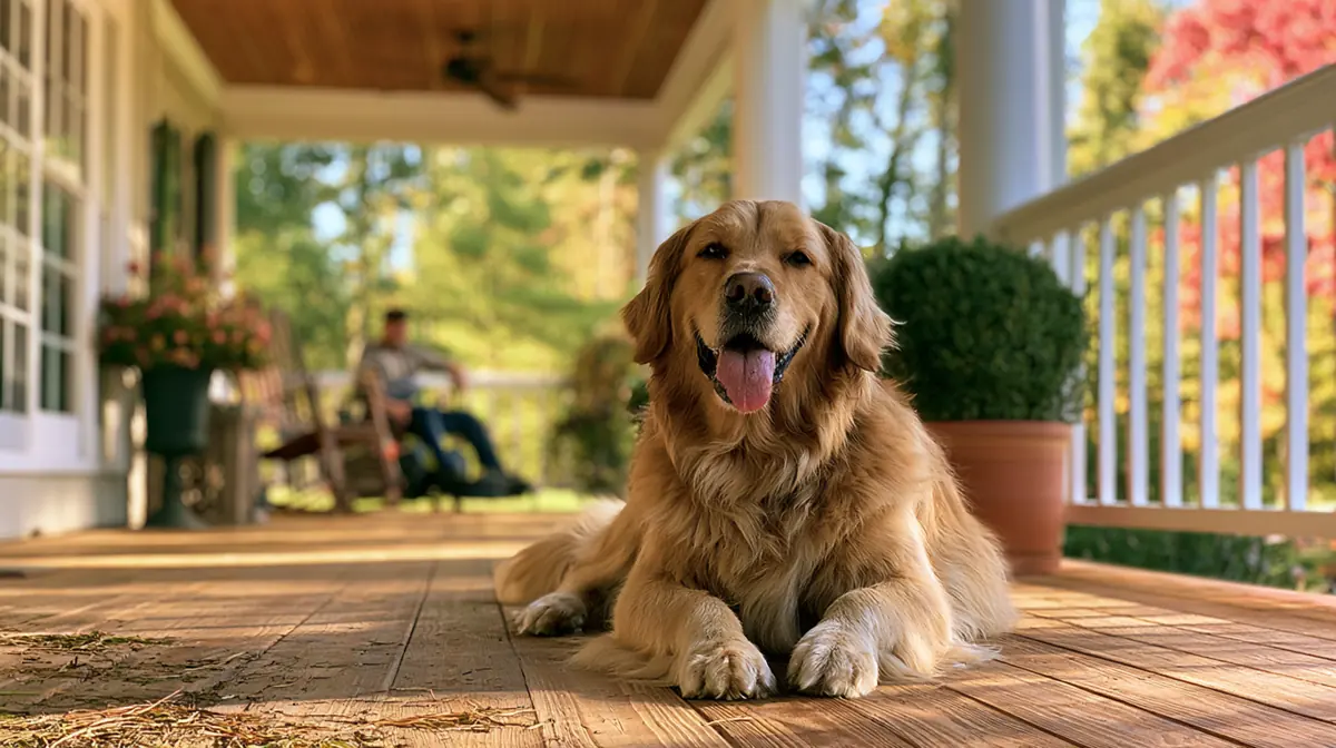 A golden retriever asleep on a back porch while the yard is treated