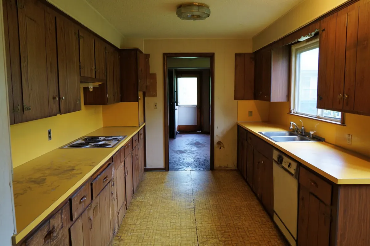 A dated kitchen with yellow laminate counters and dark wood cabinets