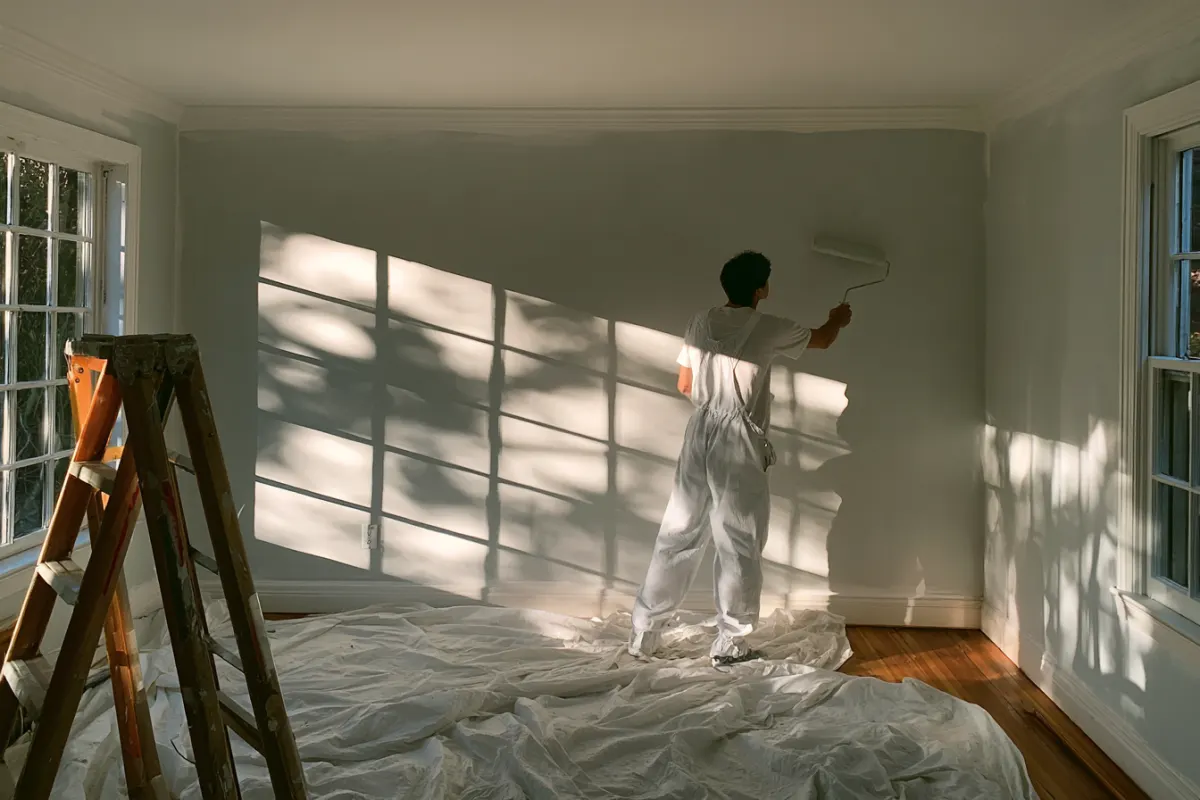 A painter rolling pale grey paint onto a living room wall