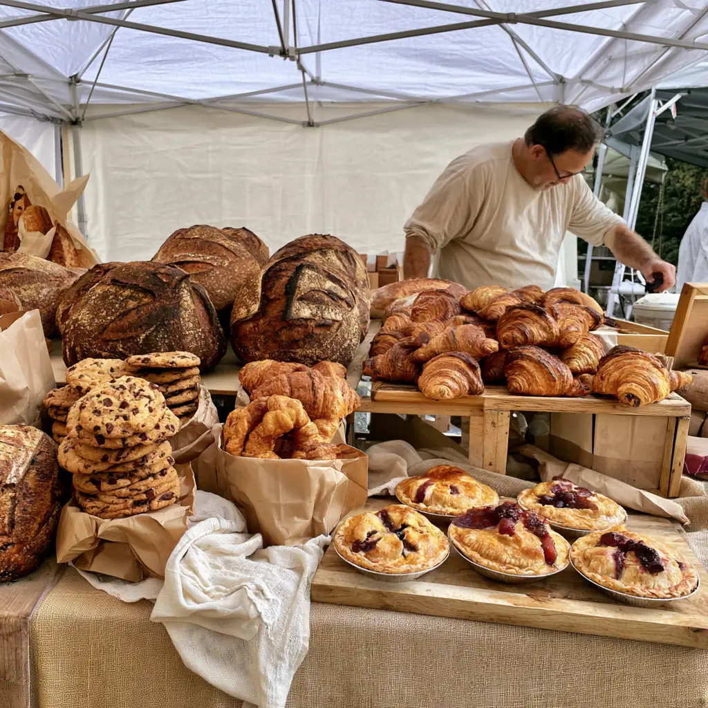The market table: country loaves, croissants, cookies and berry hand pies under a white tent