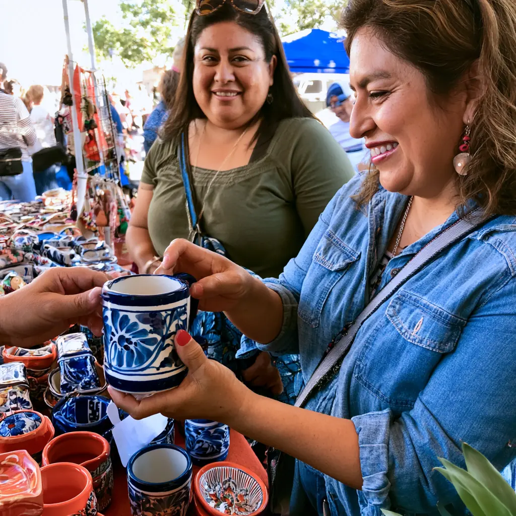Two women smiling over a blue Talavera cup at the market table
