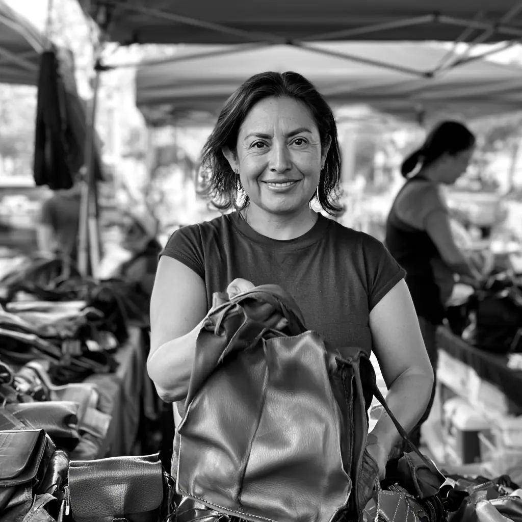 Carmen holding a leather bag at her market table, in black and white